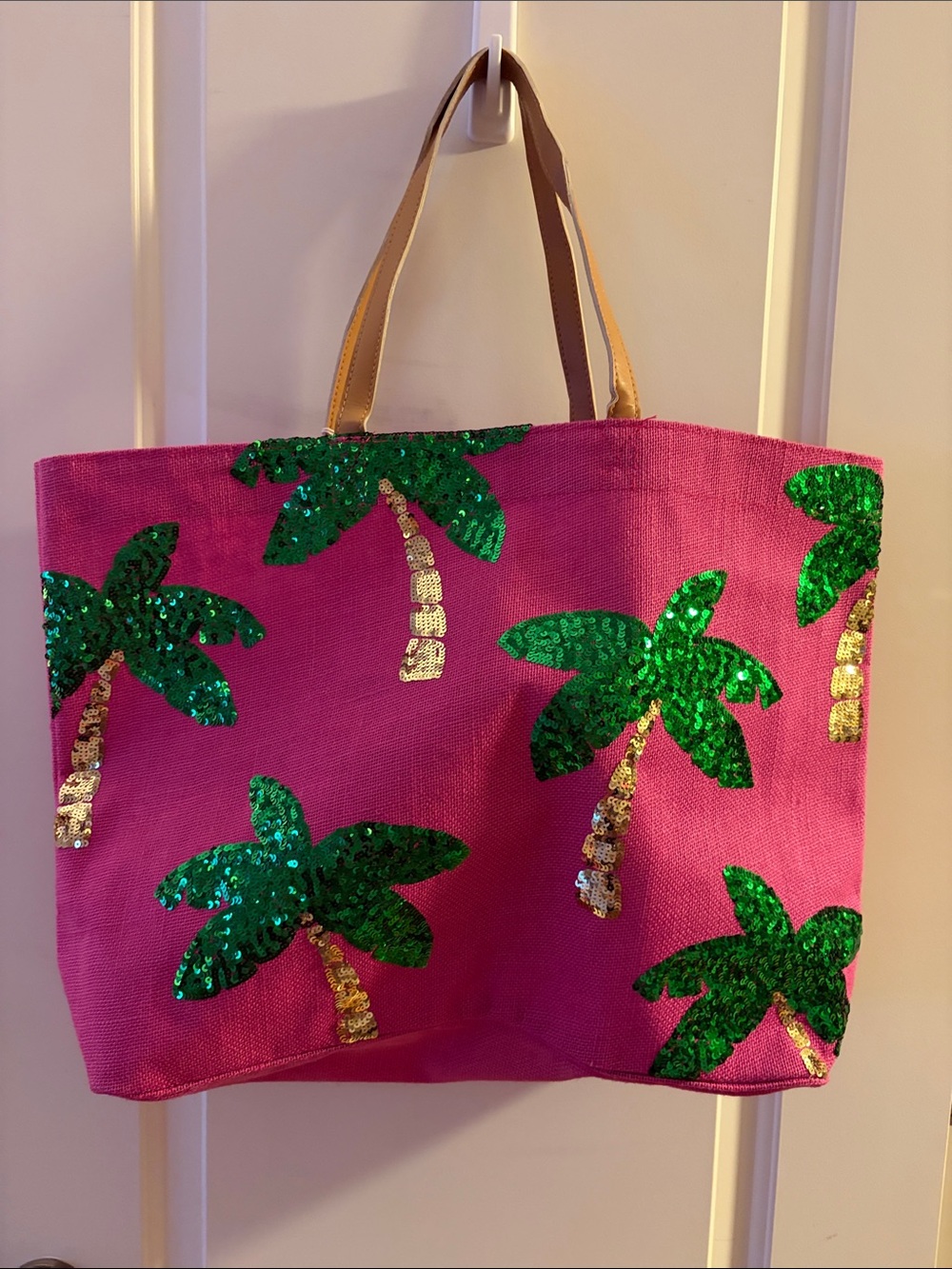 Mud Pie Pink Tote with Green and Gold Sequin Palms